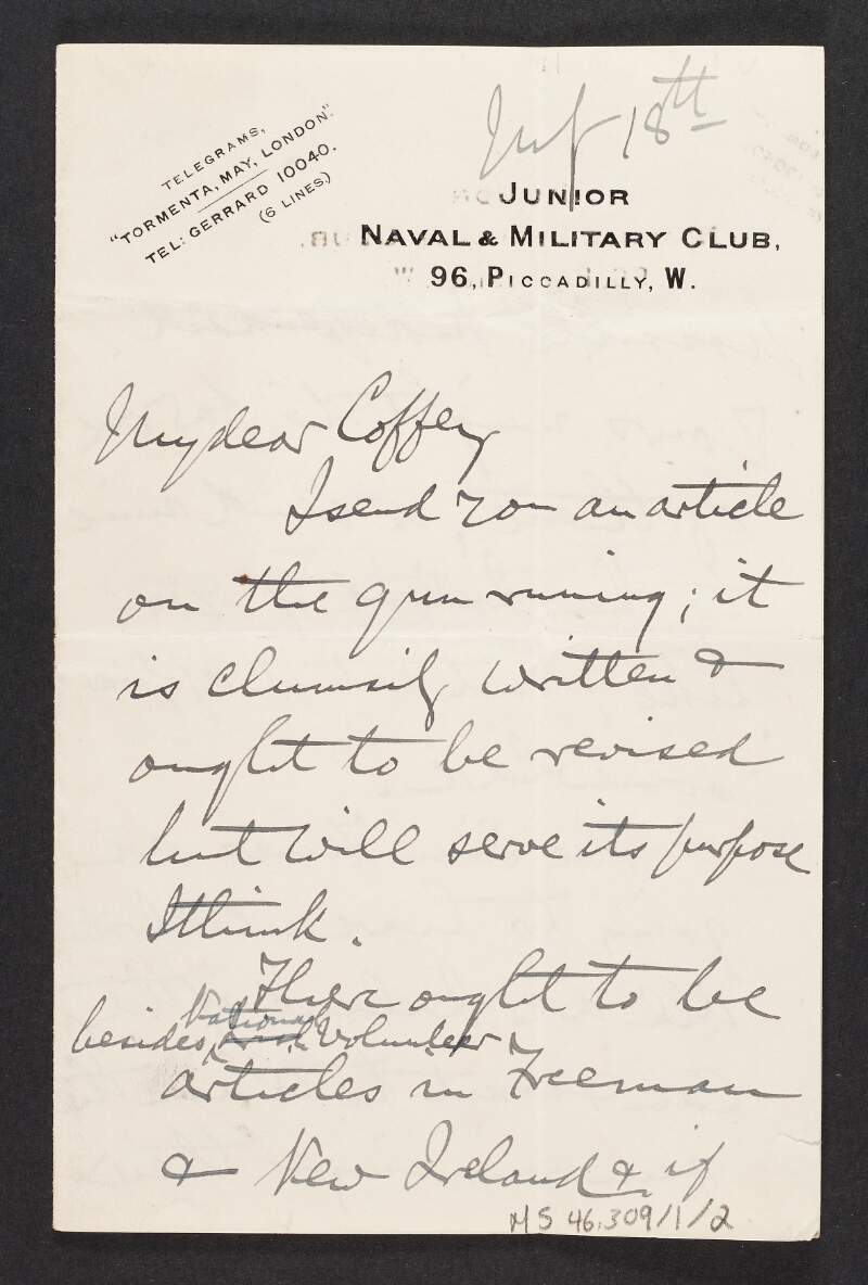 Telegram from Colonel Maurice Moore, England, to Diarmid Coffey regarding media coverage of the Howth gun running,