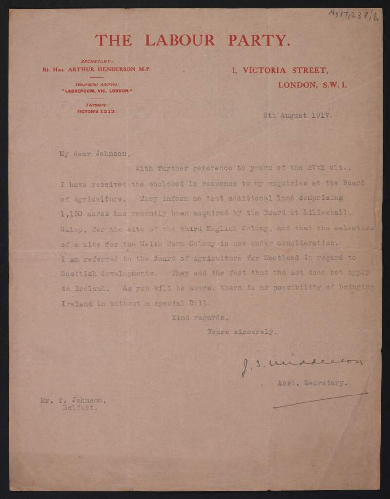 Letter from J. S. Middleton, Labour Party, to Thomas Johnson regarding land acquired by the Board of Agriculture at Lilleshall, Salop,