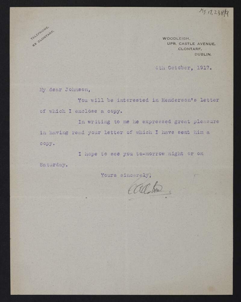 Letter from E. A. Albert, Clontarf, to Thomas Johnson regarding a letter from Arthur Henderson,