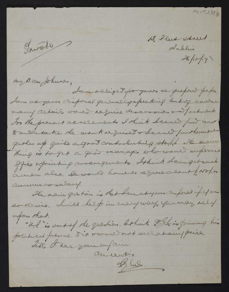 Letter from Laurence Byrne (Andrew E. Malone) to Thomas Johnson regarding a proposed newspaper,
