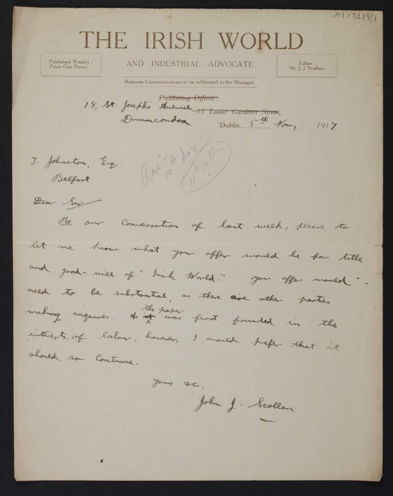 Letter from John Joseph Scollan, 'Irish World', to Thomas Johnson regarding an offer,