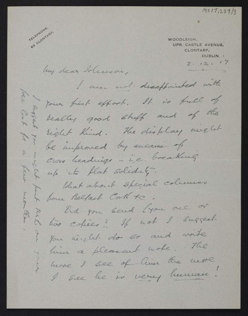 Letter from E. A. Aston to Thomas Johnson with feedback on a [draft article] he wrote,