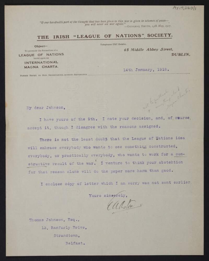 Letter from E. A. Aston, Irish League of Nations Society, to Thomas Johnson regarding Johnson's abstention,