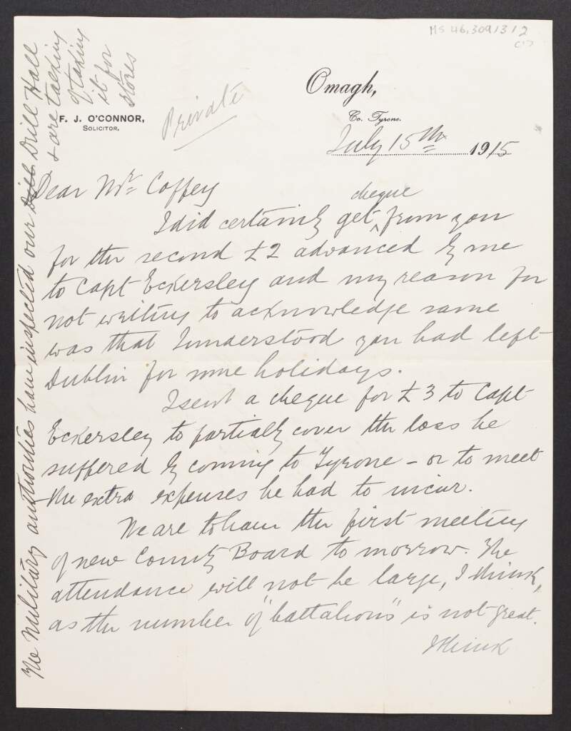 Letter from F. J. O' Connor, Tyrone, to Diarmid Coffey regarding the Irish Volunteers,