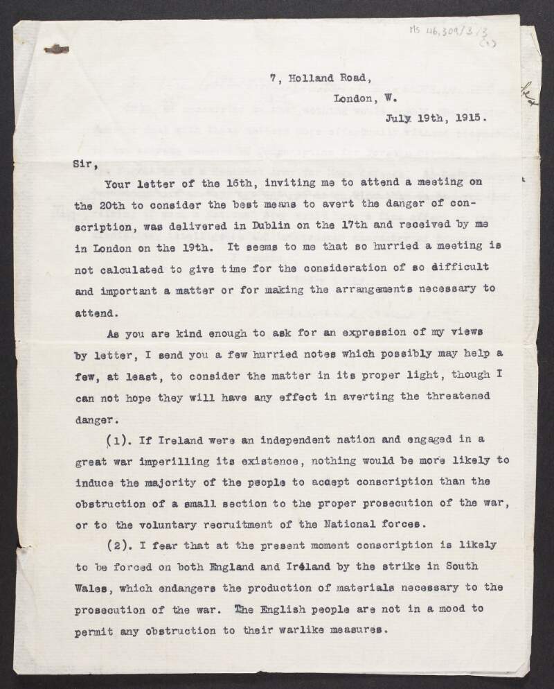 Letter from Colonel Maurice Moore, England, to Diarmid Coffey regarding conscription,