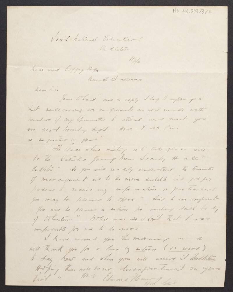 Letter from Edmond Fleming, Cork, to Diarmid Coffey regarding the Irish Volunteers in Middleton,