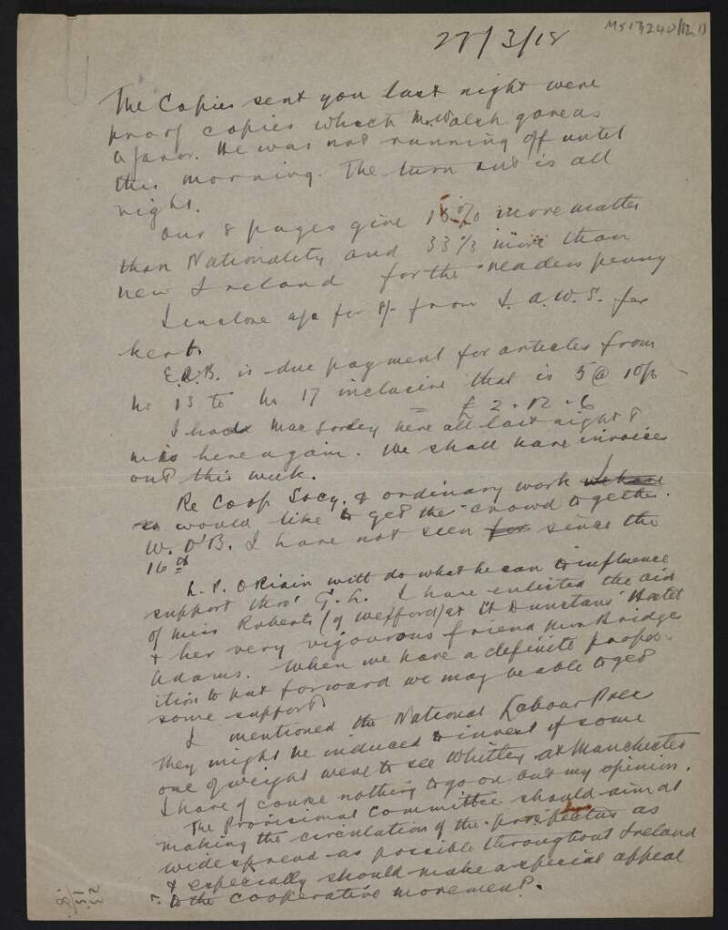 Draft letter by Thomas Johnson to unidentified recipient regarding the Labour Party,