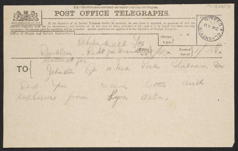 Telegram from E. A. Aston to Thomas Johnson enquiring if he received the cheque from J. Malcolm Lyon,