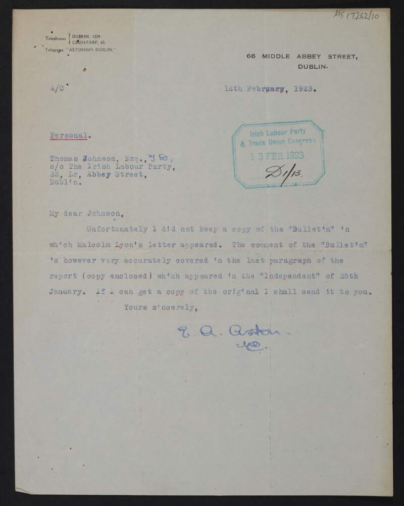 Letter from A. E. Aston to Thomas Johnson regarding J. Malcolm Lyon's letter which was published in 'Daily Bulletin',