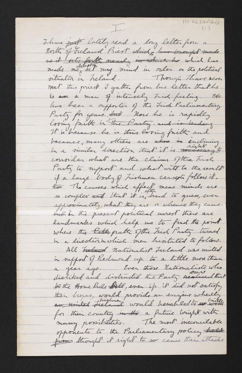 Notes by Diarmid Coffey regarding a letter he received from an unidentified priest and the political situation in Ireland,