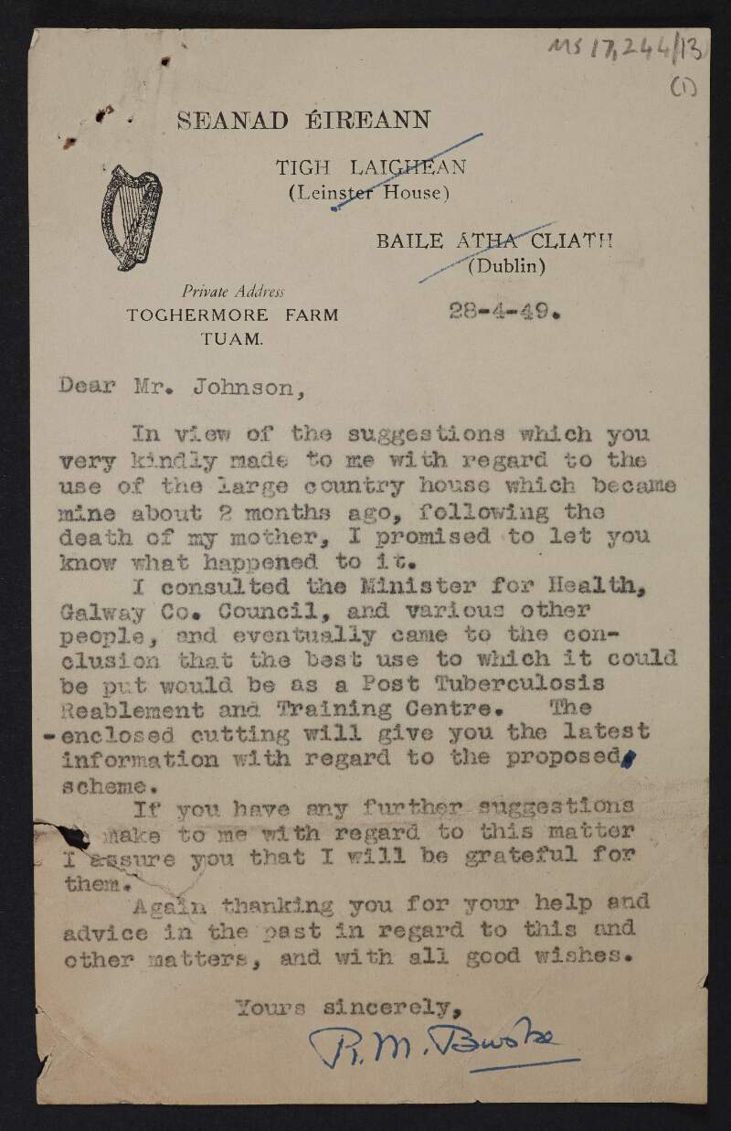 Letter from R. M. Burke to Thomas Johnson regarding the Post Tuberculosis Reablement and Training Centre established in his late mother's house, with newspaper cutting from 'Connaught Sentinel',