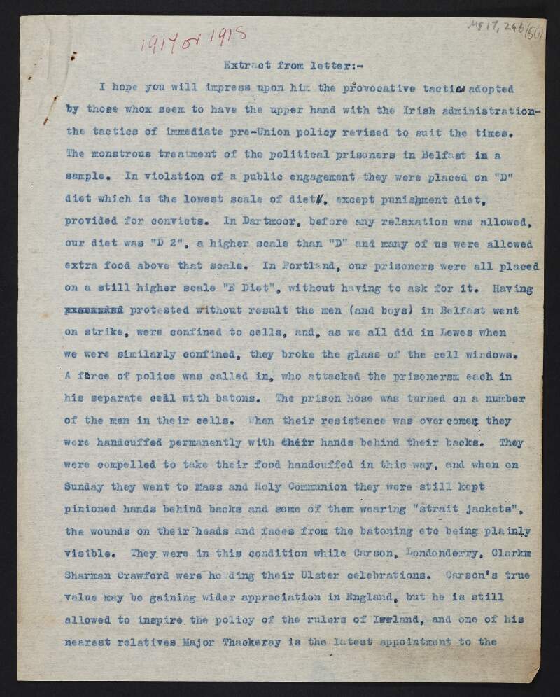 Extract from letter from unidentified person to unidentified recipient regarding the treatment of political prisoners,