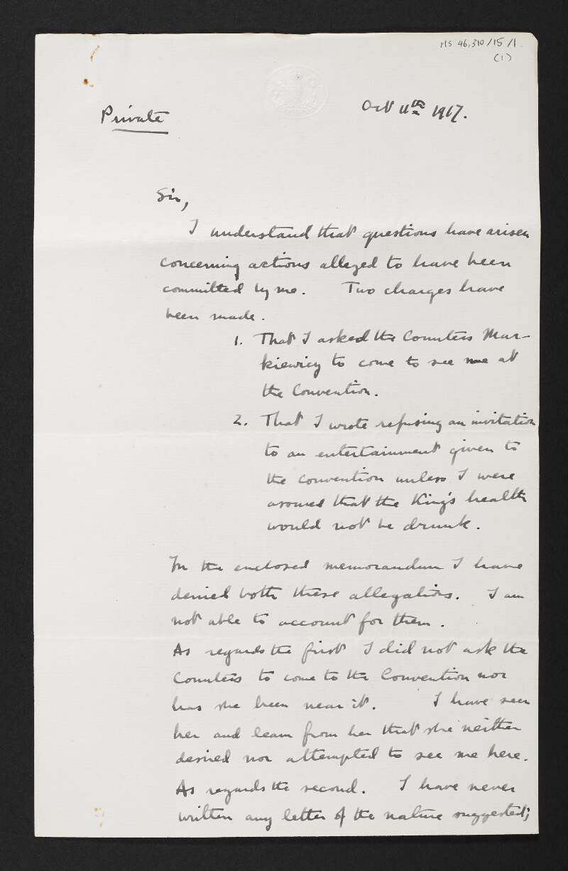 Letter from Diarmid Coffey to Secretary of the Irish Convention regarding allegations made against him,