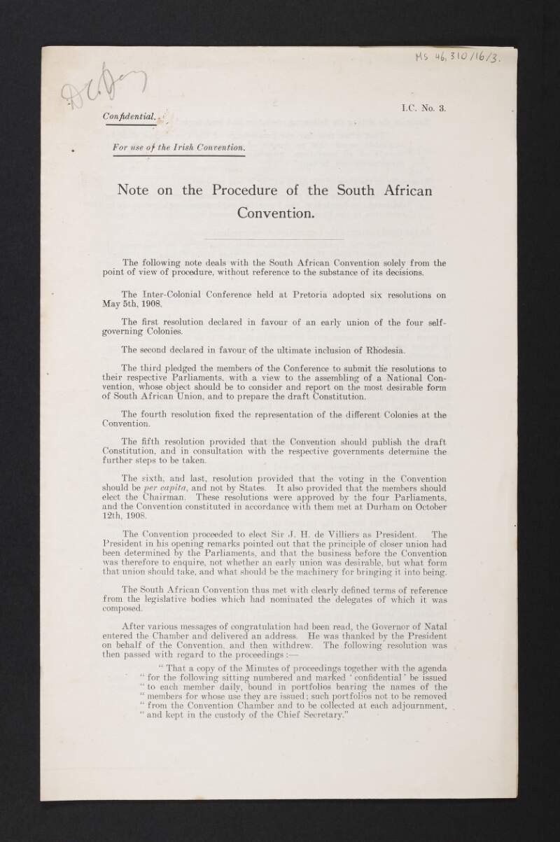 Statement titled 'Note on the Procedure of the South African Convention',
