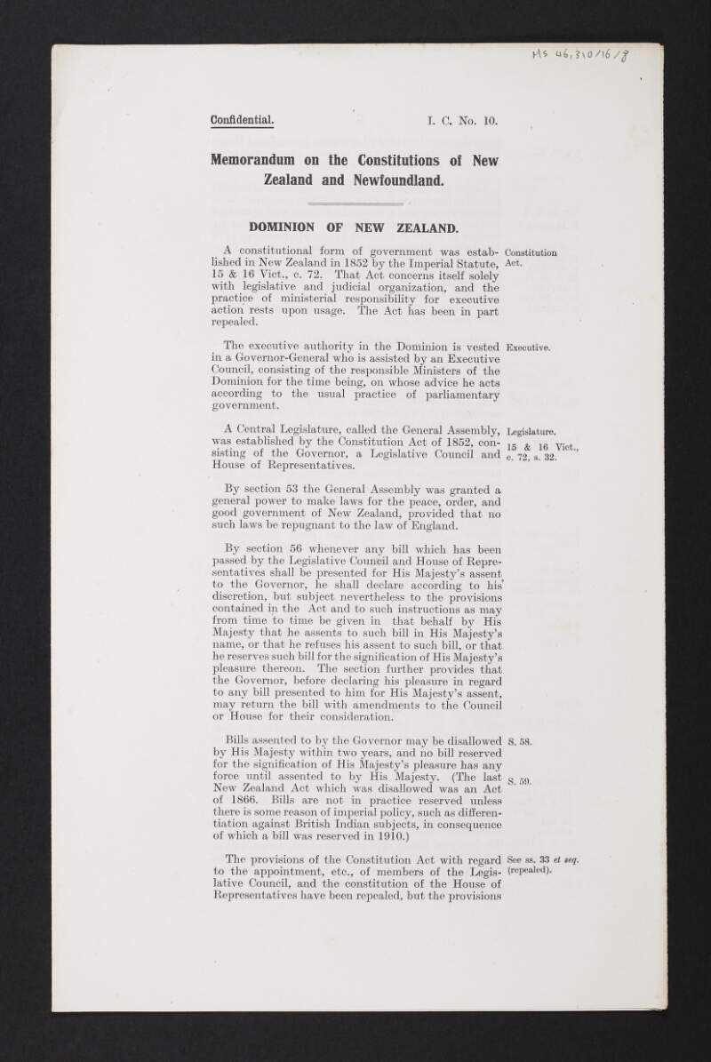 Memorandum regarding the constitutions of New Zealand and Newfoundland,
