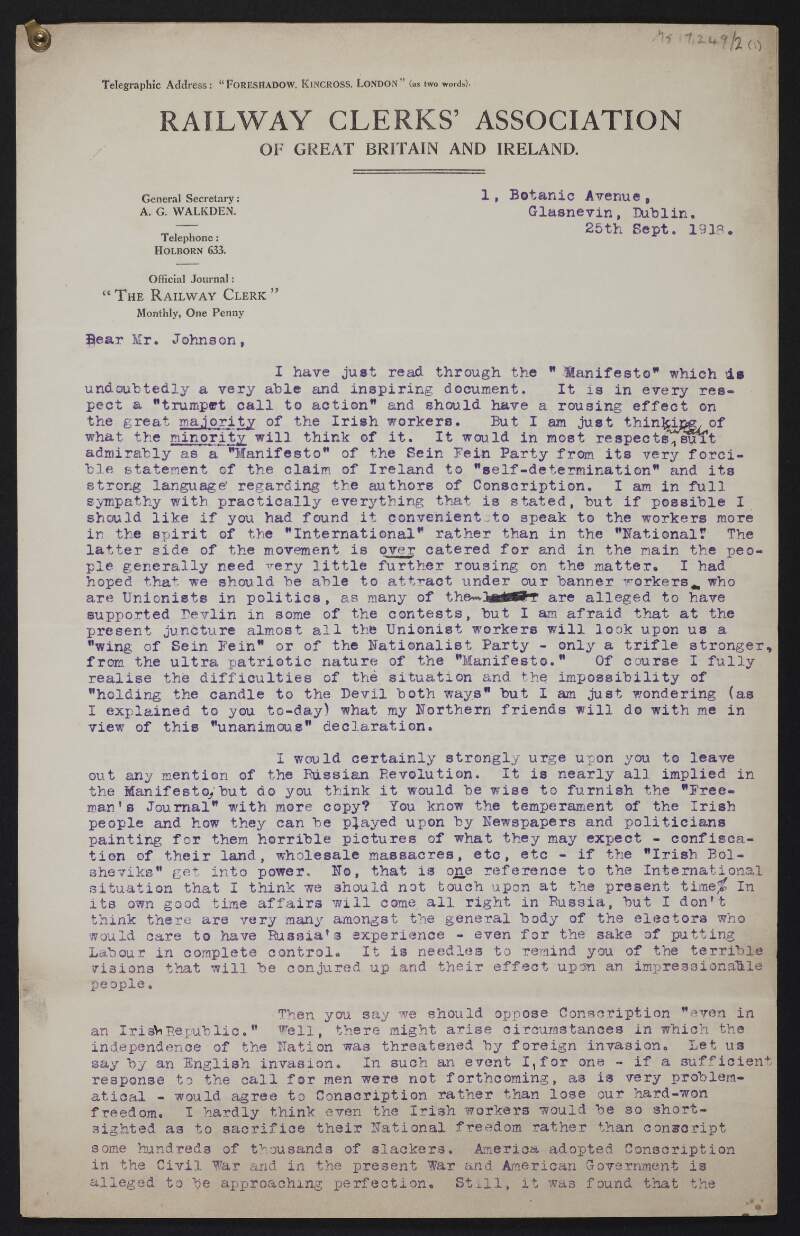 Letter from J. T. O'Farrell, Railway Clerks' Association of Great Britain and Ireland, to Thomas Johnson with advice on a manifesto which Johnson drafted,