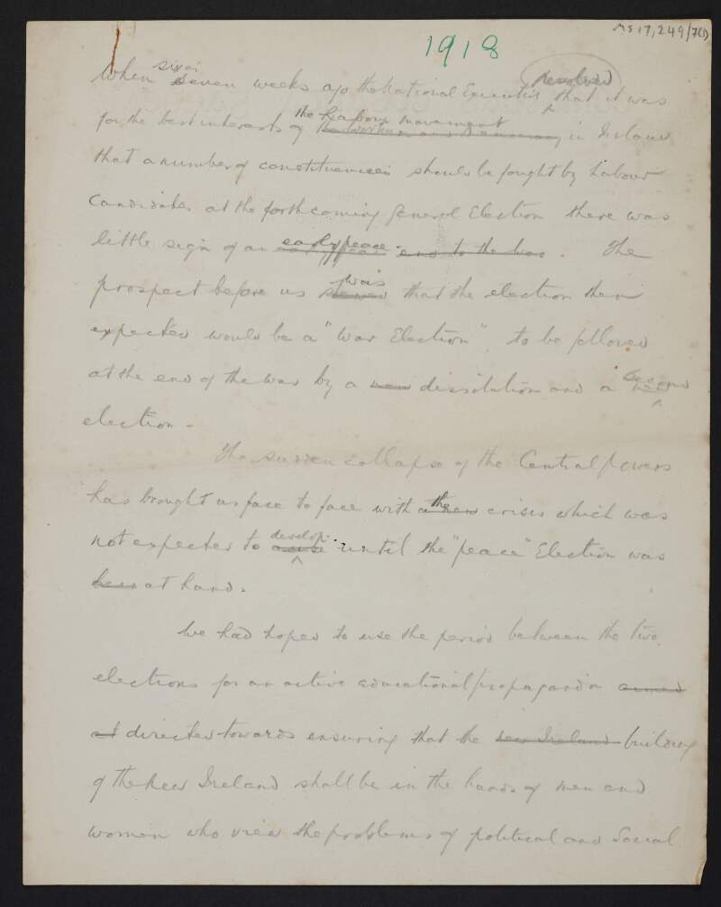 Manuscript notes by Thomas Johnson regarding the Labour Party contesting seats in the 1918 General Election,