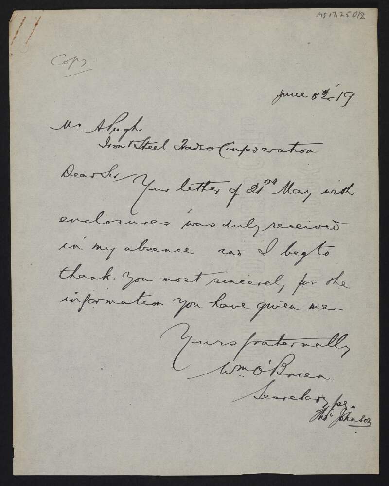 Copy letter from Thomas Johnson to Arthur Pugh thanking him for his letter,