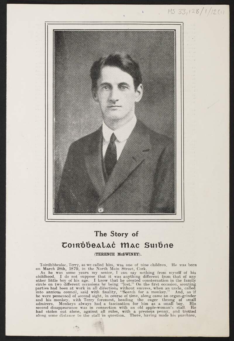 Article issued by Cumann na mBan titled "The Story of Toirdhbhealach Mac Suibhne (Terence McSwiney)",