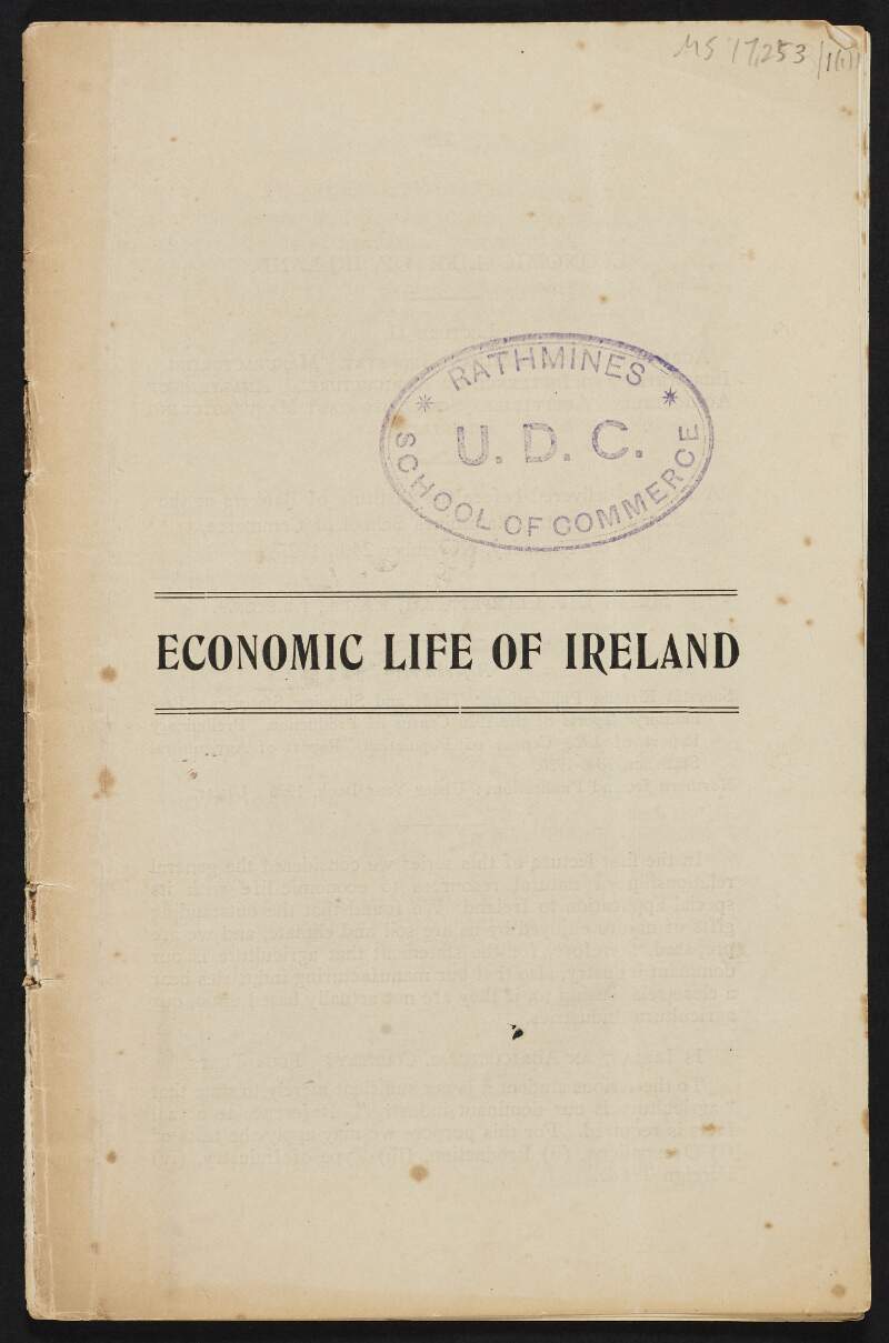Booklet by G. J. T. Clampett titled 'Economic Life of Ireland', with manuscript notes by Thomas Johnson,