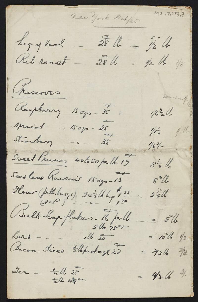 Manuscript notes by Thomas Johnson regarding prices of goods in New York in October 1925,