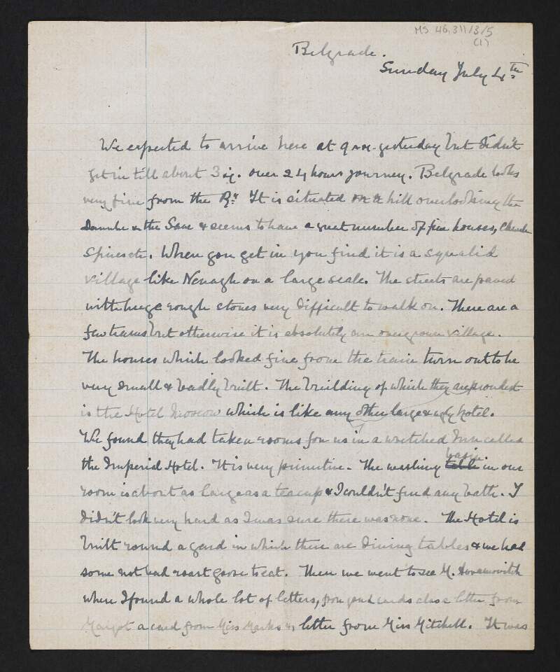 Letter from Diarmid Coffey, Belgrade, to unidentified recipient regarding his visit to Serbia,