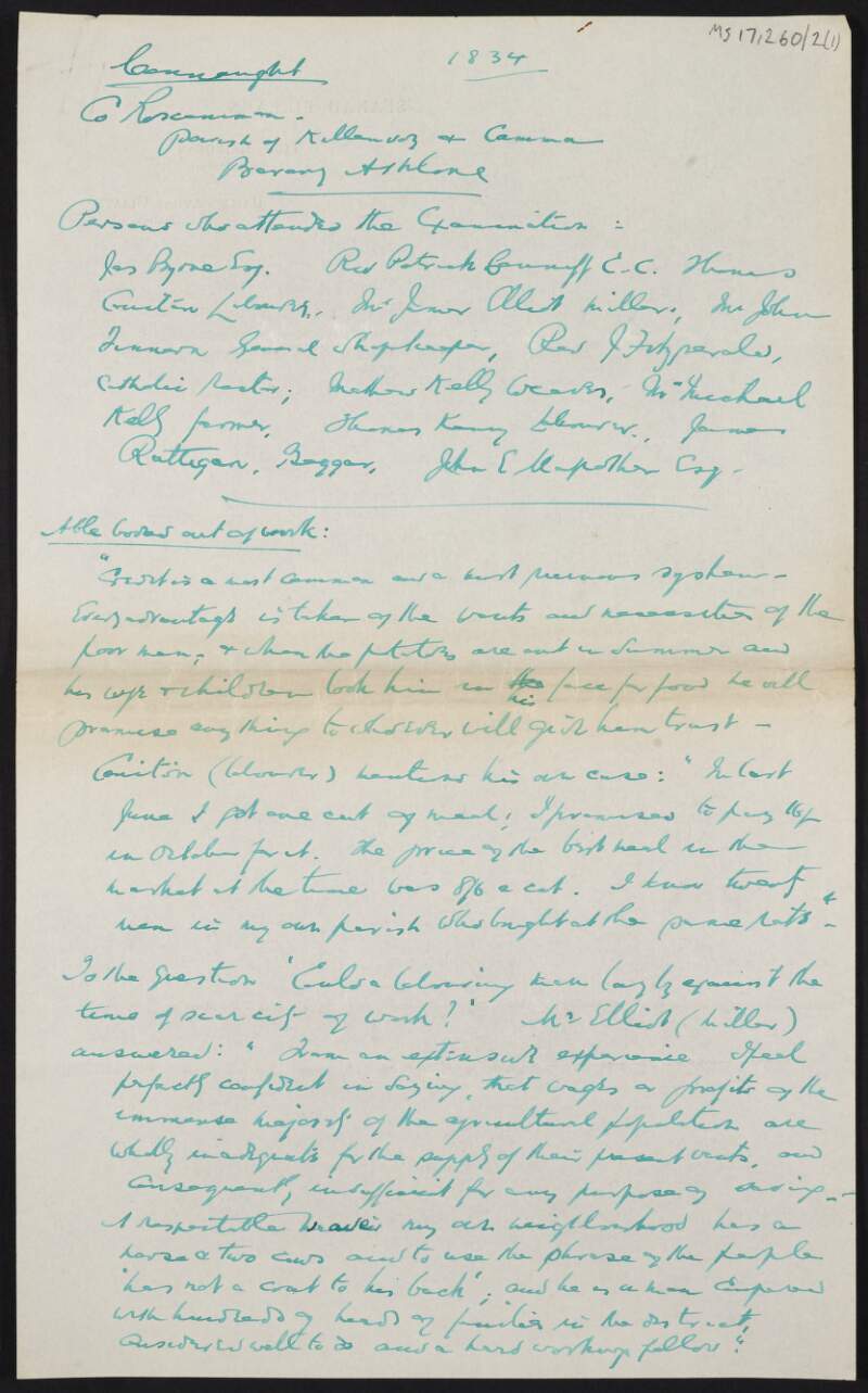 Manuscript notes by Thomas Johnson regarding able bodies out of work in various counties and parishes,