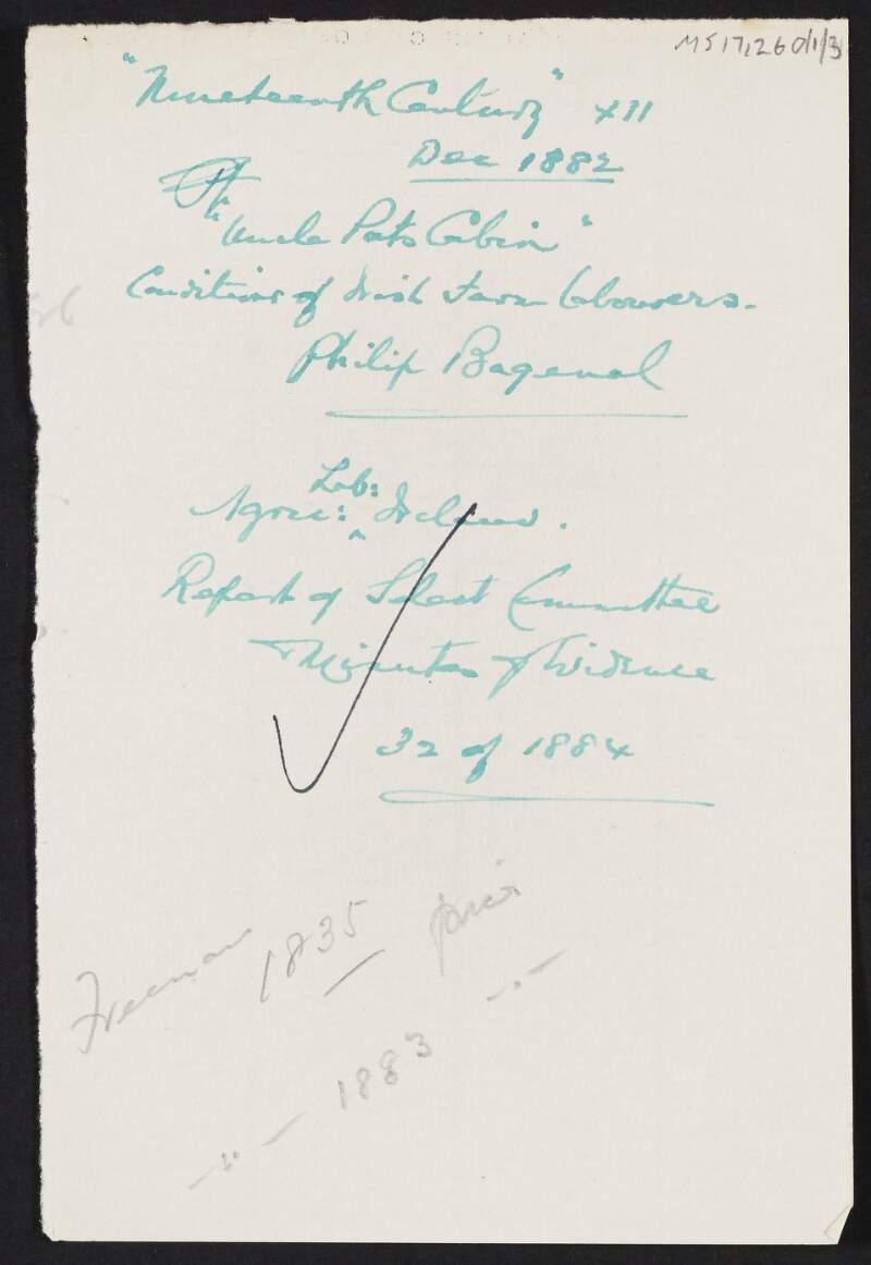 Manuscript notes by Thomas Johnson regarding publications on conditions of Irish farm workers,
