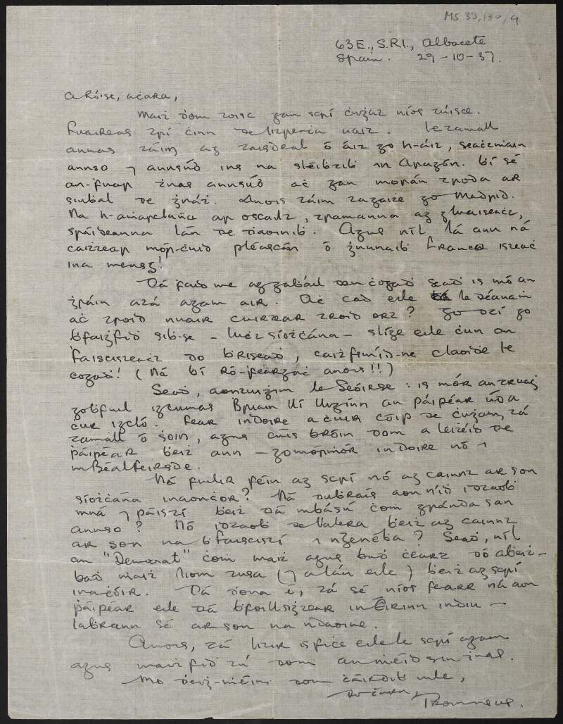 Letter from Frank Ryan, Albacete, Spain, to Rosamond Jacob regarding his experiences in the Spanish Civil War,