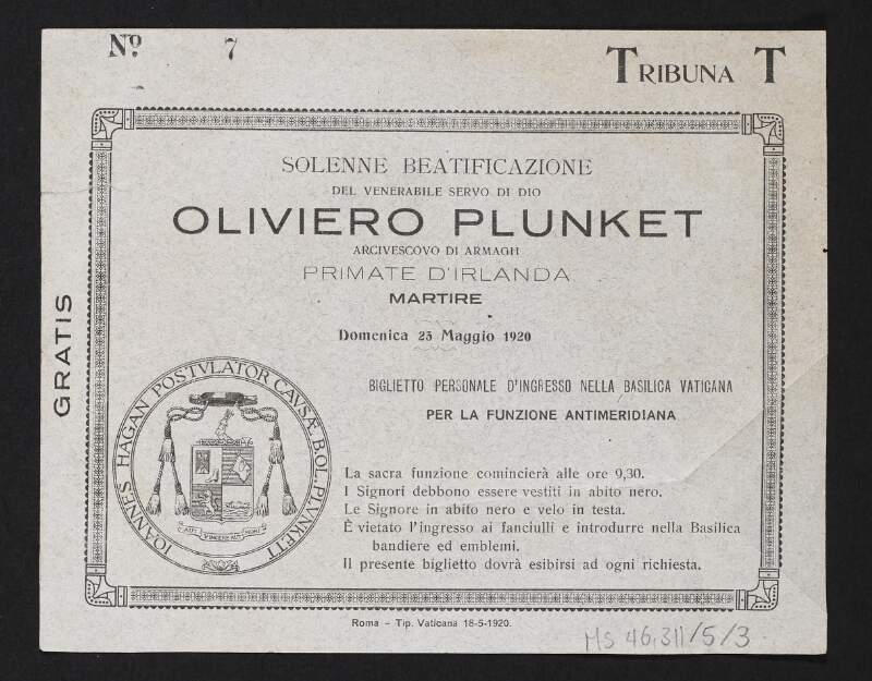 Invitation to attend the beatification of Saint Oliver Plunket in the Vatican,