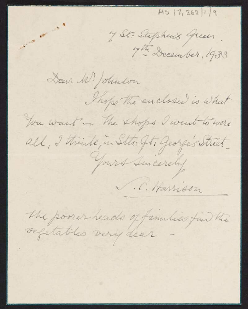Letter from S. C. Harrison to Thomas Johnson enclosing a non extant price list,