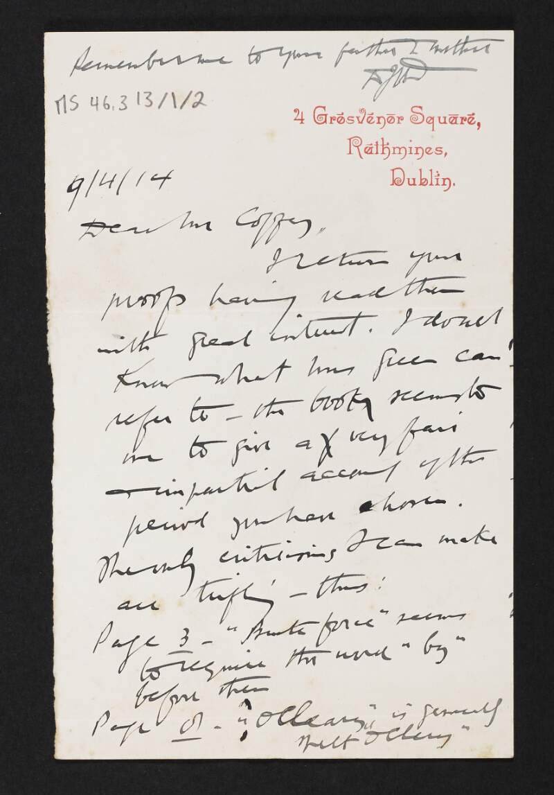 Letter from unidentified person, Dublin, to Diarmid Coffey regarding the proofs for his books,