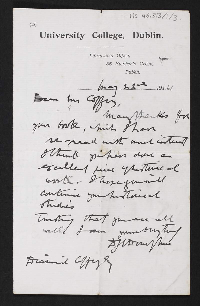 Letter from unidentified person, Dublin, to Diarmid Coffey thanking him for sending on his book,