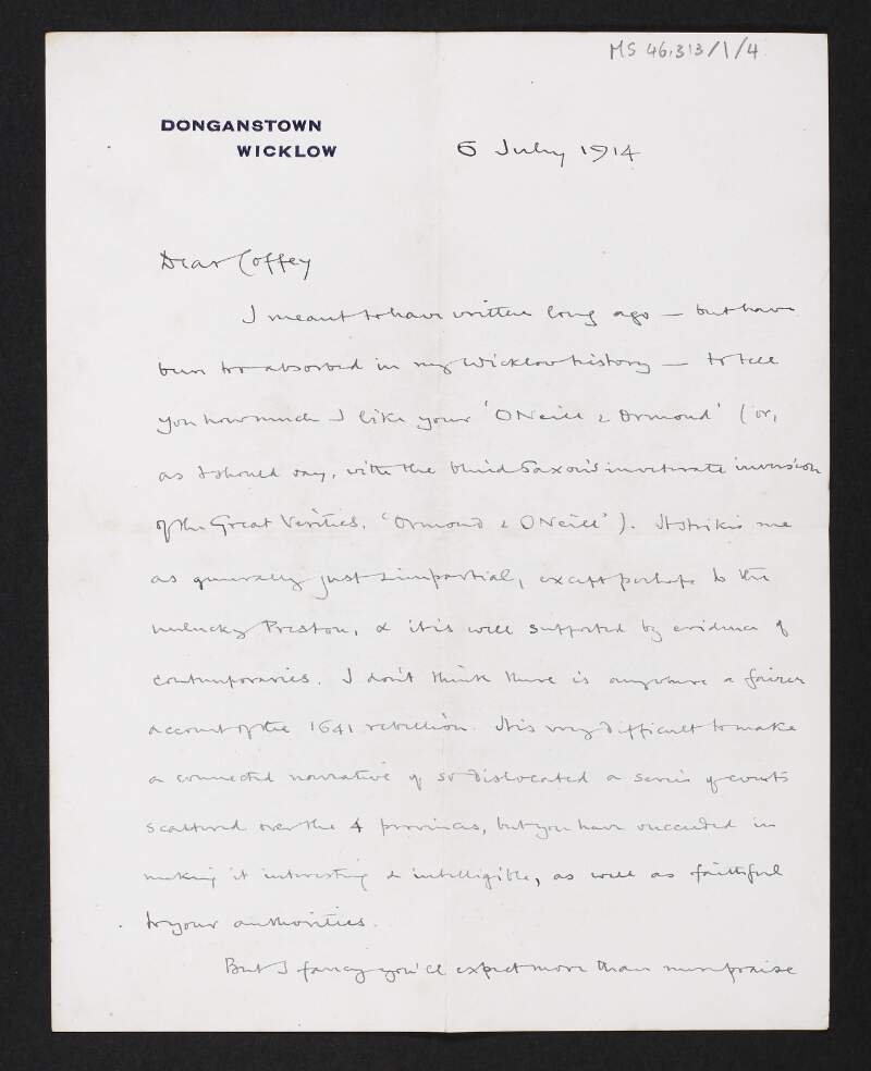 Letter from Stanley Lane-Poole, Wicklow, to Diarmid Coffey regarding his opinion on Diarmid's books,