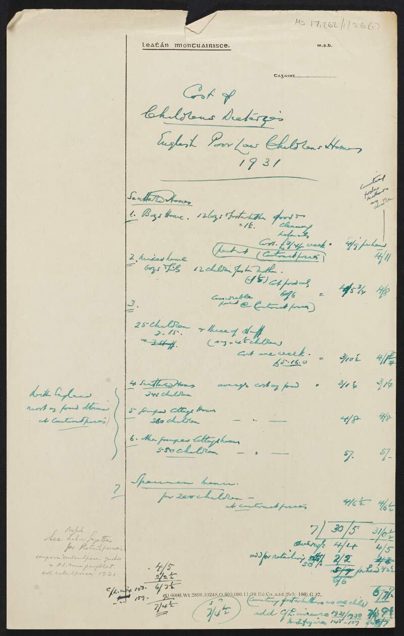 Manuscript notes by Thomas Johnson regarding the cost of children's dietaries and the English Poor Law 1931,