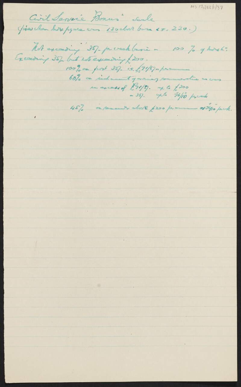 Manuscript notes by Thomas Johnson titled "Civil Service "Bonus" Scale",