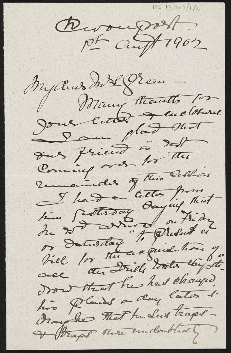 Letter from William Francis Butler to Alice Stopford Green regarding a visiting mutual friend,