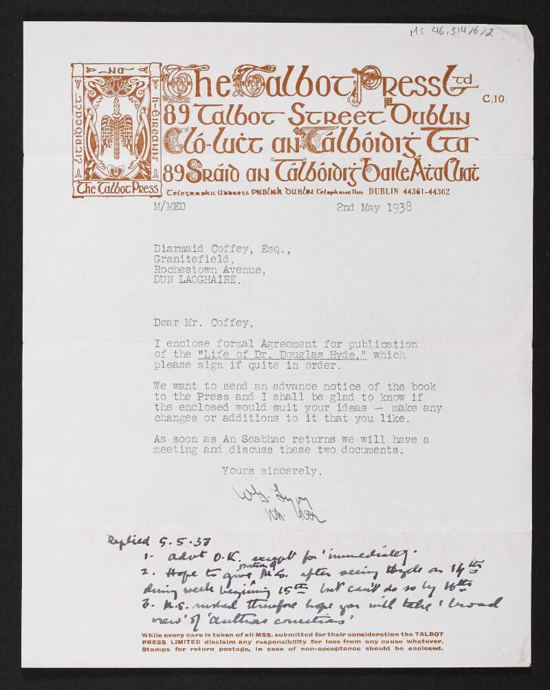 Letter from W. G. Lyon, Talbot Press, Dublin, to Diarmid Coffey regarding the publication of Diarmid's book,