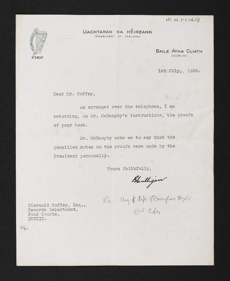 Letter from unidentified person, Dublin, to Diarmid Coffey regarding the proofs of Diarmid's book,