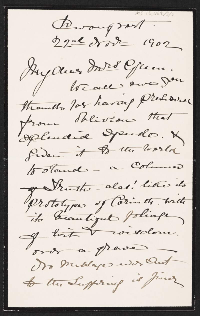 Letter from William Francis Butler to Alice Stopford Green regarding a piece written about the [Boer prisoners],