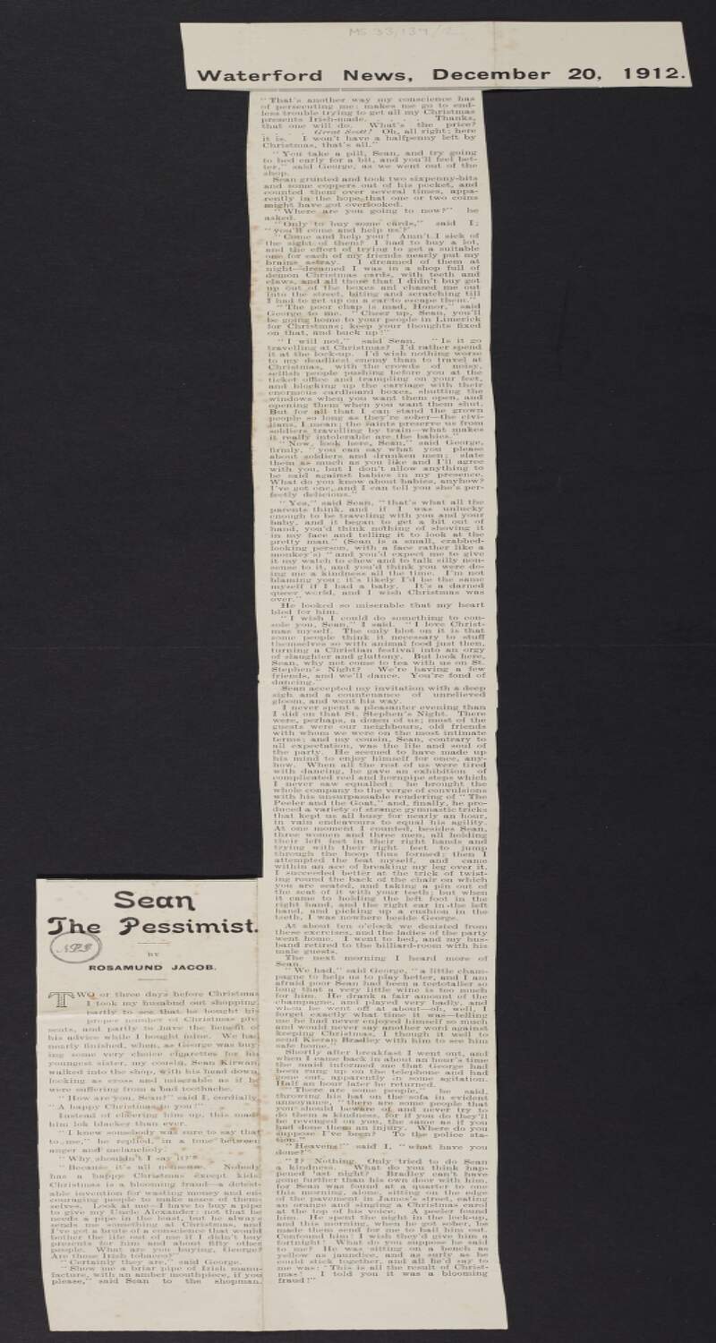 Newspaper cutting from the 'Waterford News' of story by Rosamond Jacob titled "Sean The Pessimist",
