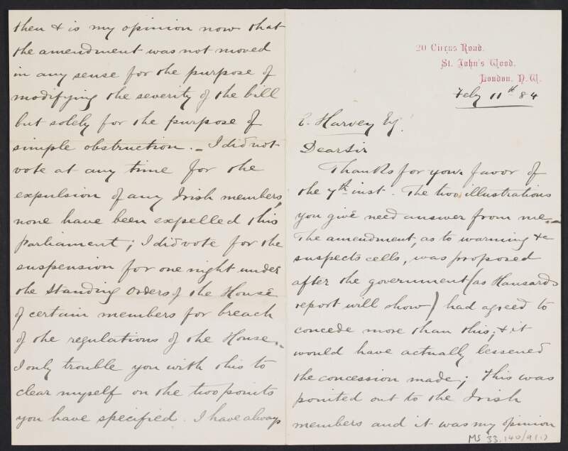Letter from Charles Bradlaugh, 20 Circus Road, St. John's Wood, London N. W., to Edmund Harvey regarding Irish Members of Parliament and the [Home Rule] Bill,