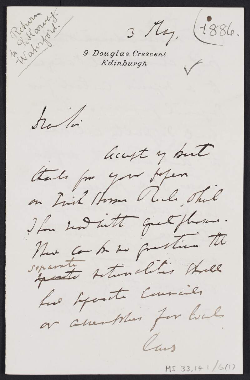 Letter from John Stuart Blackie, 9 Douglas Crescent, Edinburgh, to Edmund Harvey regarding Home Rule,