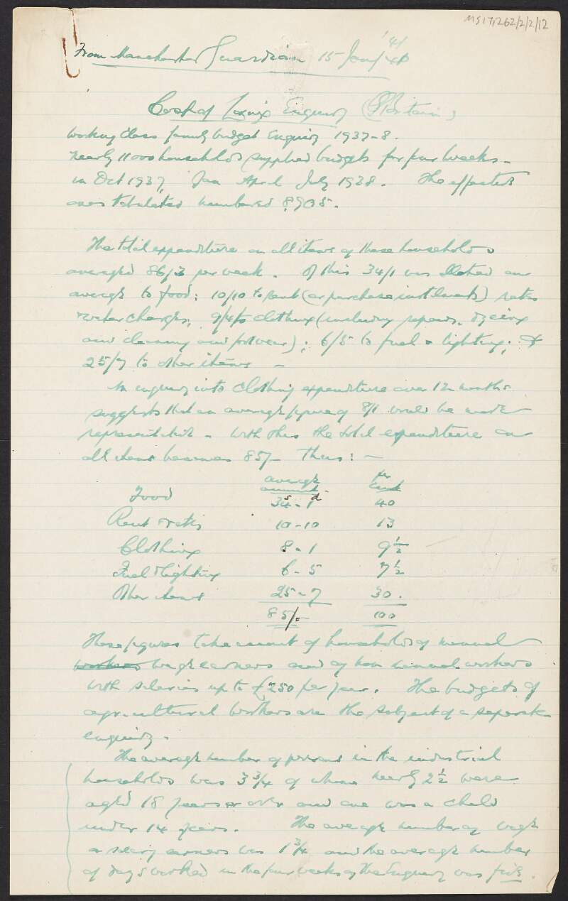Manuscript notes by Thomas Johnson regarding an article in 'Manchester Guardian' from 15th of January 1941 on the Cost of Living Enquiry,