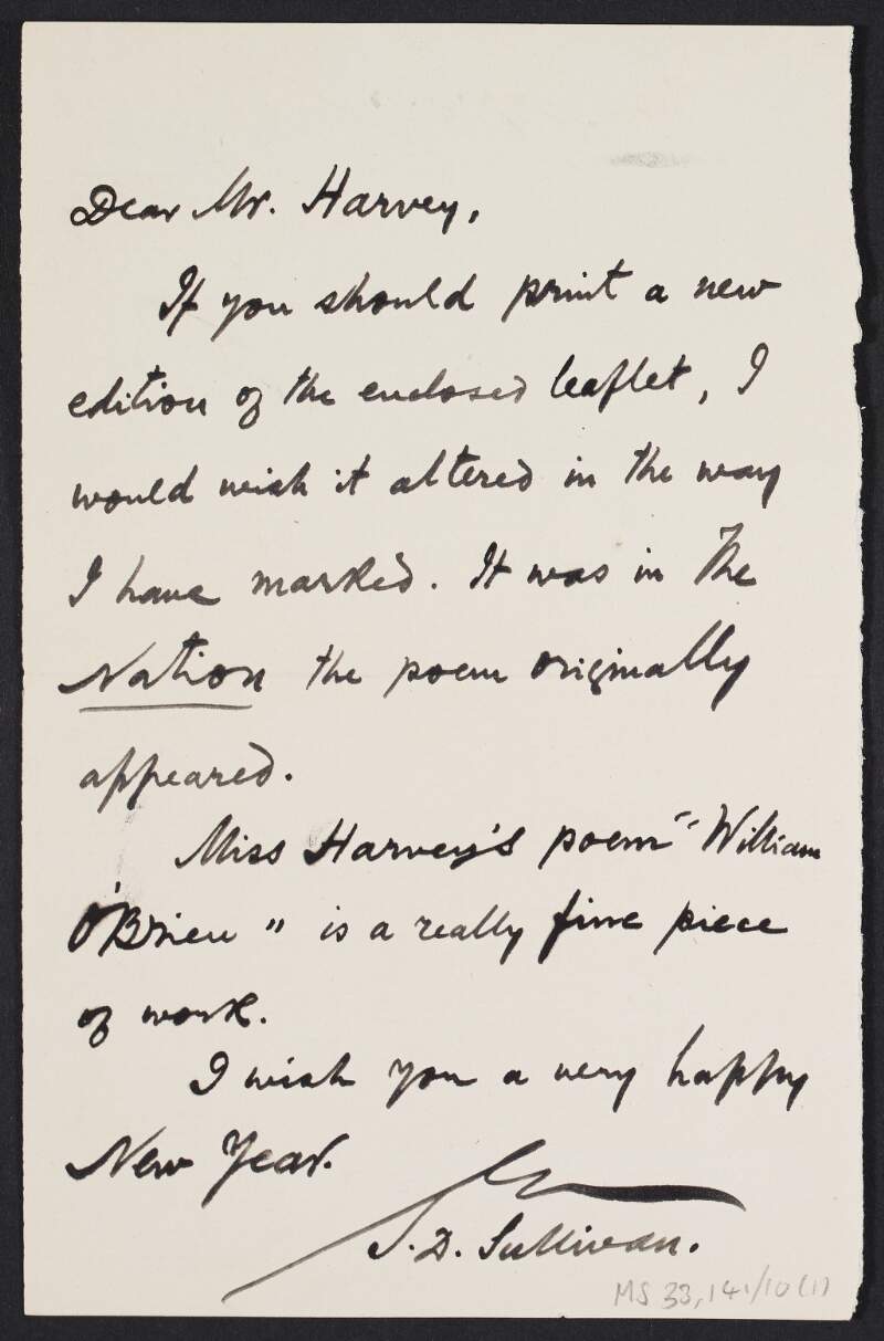 Letter from T. D. Sullivan to Edmund Harvey requesting that his poem "Cassidy's Daughter" be published in the new edition,