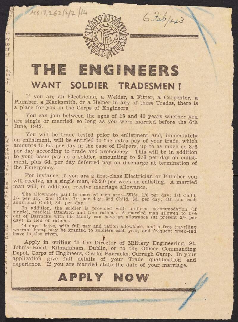 Advertisement from unidentified newspaper for tradesmen recruits for the Corps of Engineers,