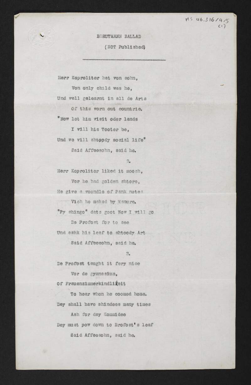 Copy of poem by unidentified author titled "Brutmann Ballad",