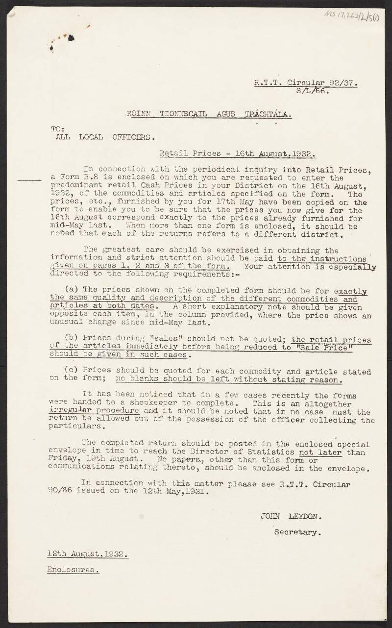 Copy circular letter from John Leydon, Department of Industry and Commerce, to all Local Officers enclosing report titled "Retail Prices of Certain Commodities on 16th August and 17th May, 1932",