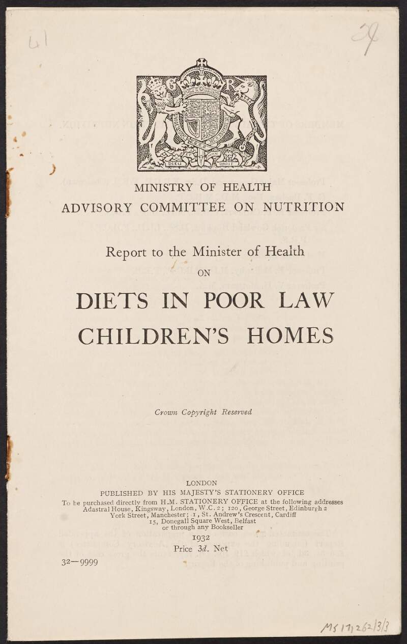 Booklet by the Ministry of Health Advisory Committee on Nutrition titled 'Report to the Minister of Health on Diets in Poor Law Children's Homes',