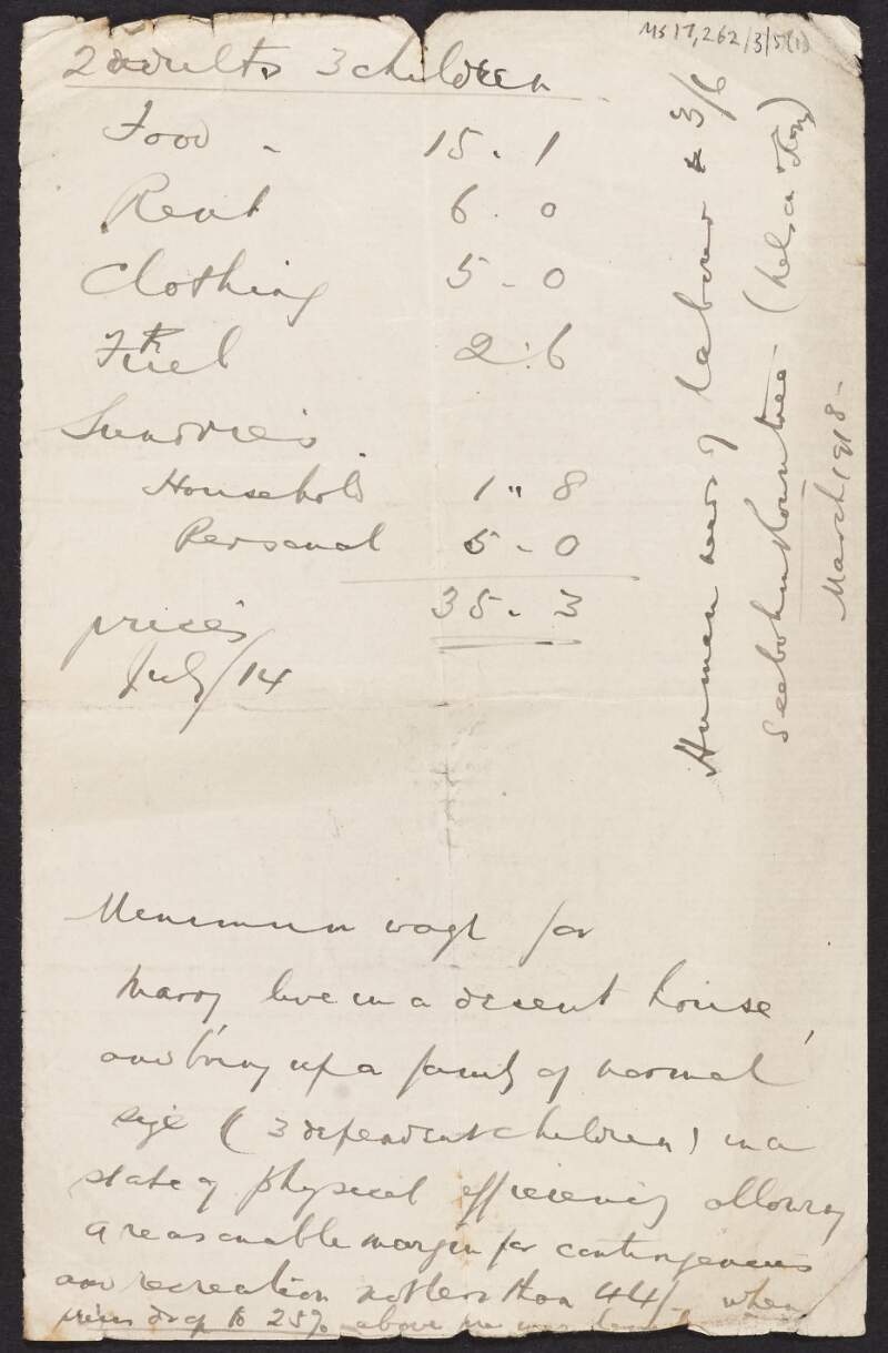Manuscript notes by Thomas Johnson regarding an enquiry into diets in 1904,